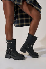 AZALEA WANG BUCKED BLACK CHUNKY HEEL COMBAT BOOTIE