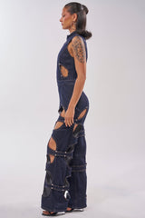 BRING THE ENERGY CUT OUT DENIM JUMPSUIT