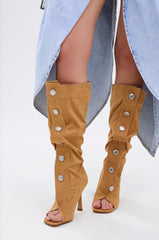 AZALEA WANG KAZUKI TAN SLOUCHY SUEDE OPEN TOE BOOT