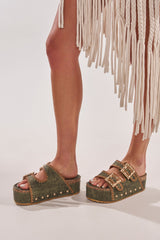 AZALEA WANG OHKAY GREEN FLATFORM STUD EMBELLISHED SLIP ON SANDAL