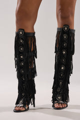 AZALEA WANG SAMEYANA BLACK FRINGE AND METAL STILETTO GLADIATOR SANDAL