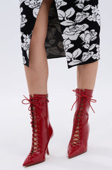 AZALEA WANG SILVA RED LACE UP STILETTO BOOTIE