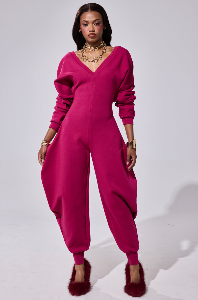 COMFY COZY SWEATSHIRT JUMPSUIT IN PLUM