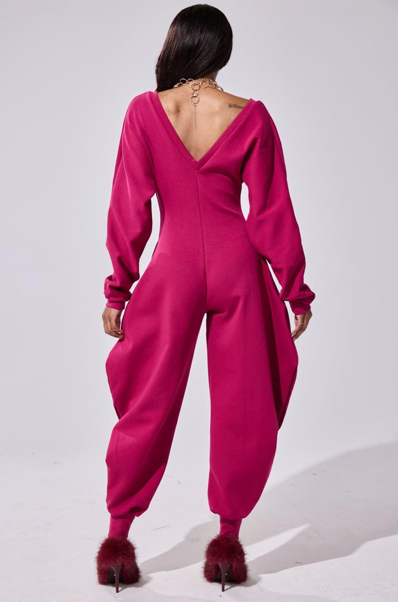 COMFY COZY SWEATSHIRT JUMPSUIT IN PLUM