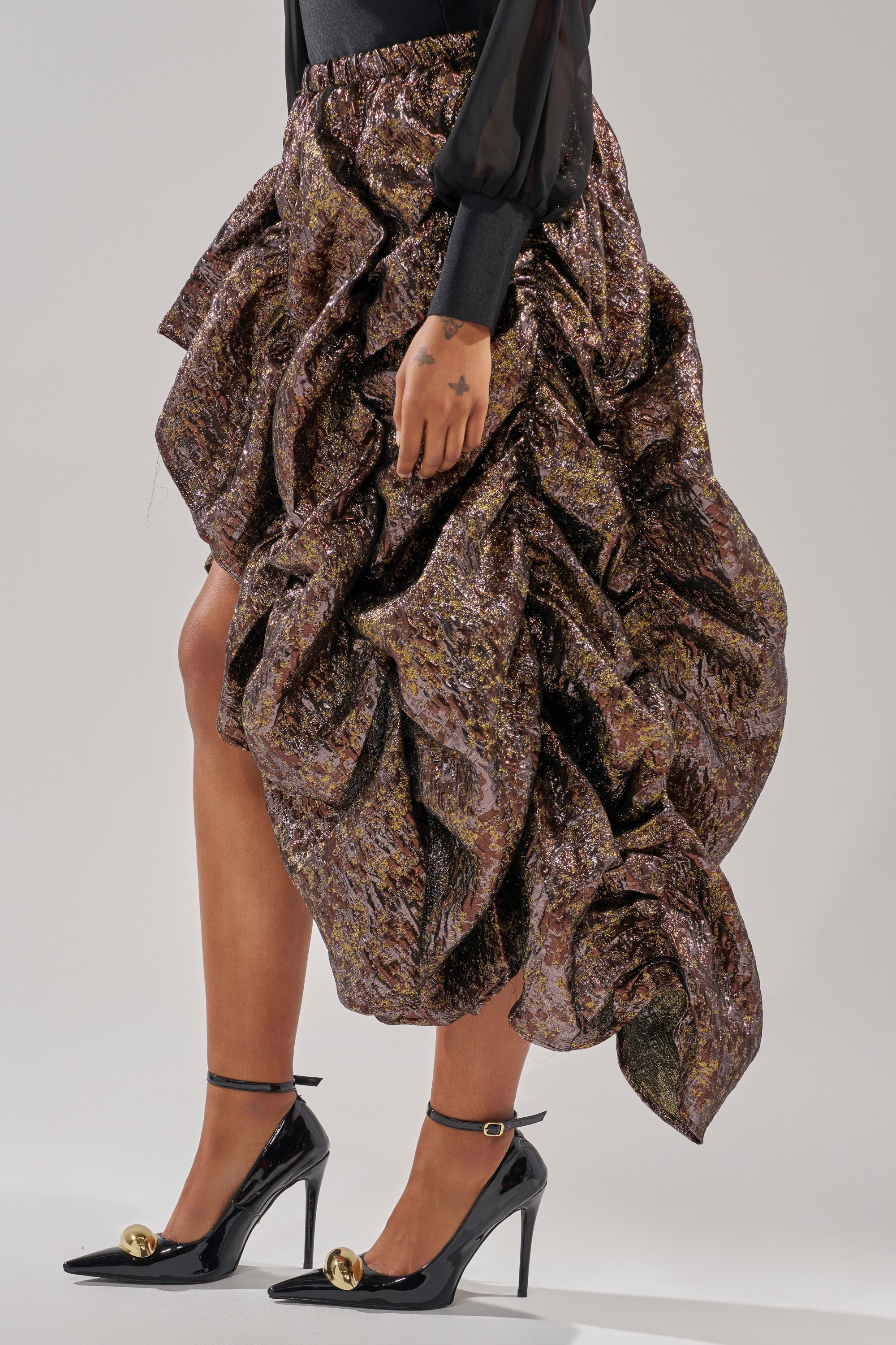 CRAZY FOR YOU BROCADE RUCHED MIDI SKIRT