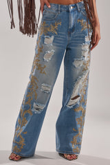 CLEO GOLDEN DISTRESSED STRAIGHT DENIM PANT