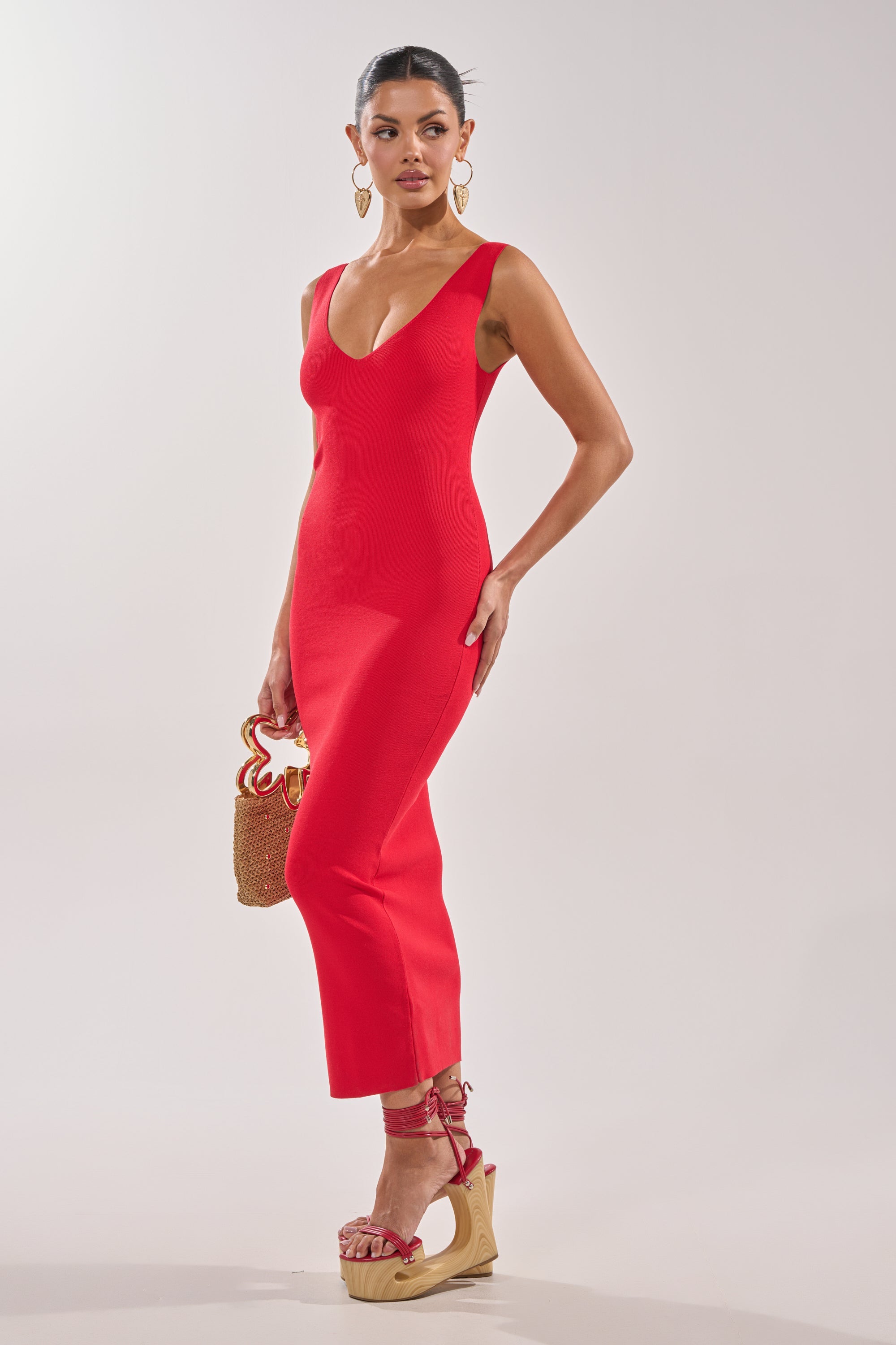 BETWEEN THE LINES MIDI DRESS IN RED