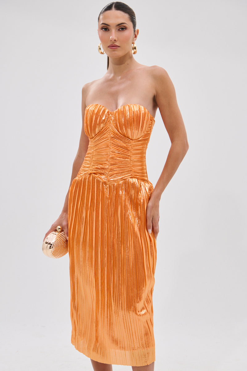 ALL ABOUT ME SATIN BUBBLE MIDI DRESS IN ORANGE