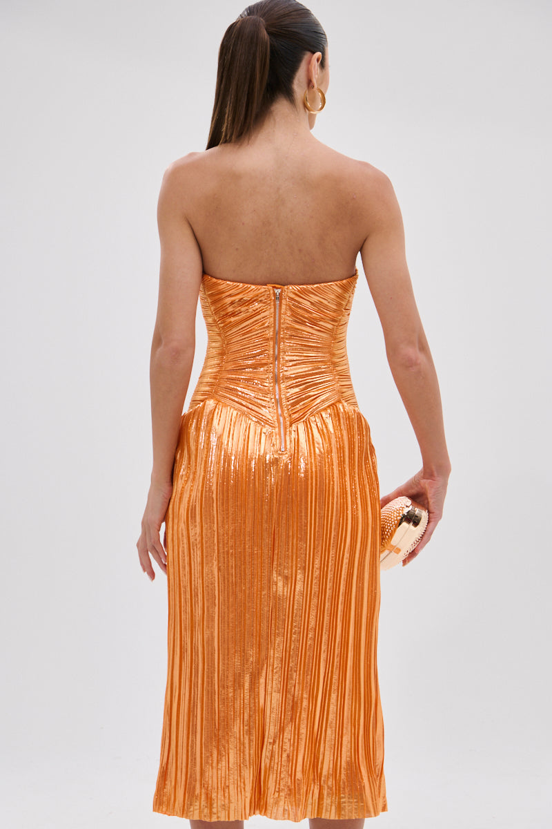 ALL ABOUT ME SATIN BUBBLE MIDI DRESS IN ORANGE