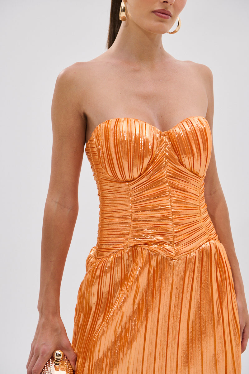 ALL ABOUT ME SATIN BUBBLE MIDI DRESS IN ORANGE