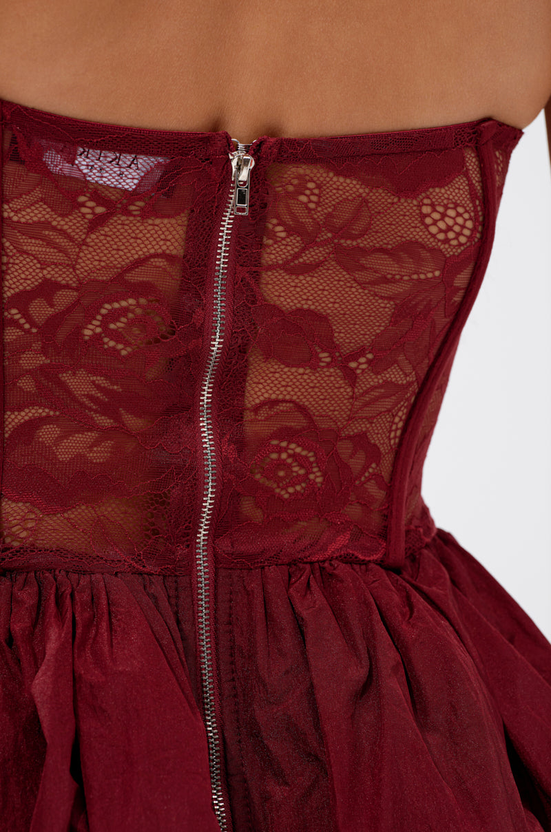 BELINA LACE MINI DRESS WITH BUBBLE SKIRT IN BURGUNDY