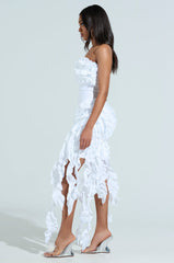 CITY LIGHTS RUFFLE MIDI DRESS IN WHITE