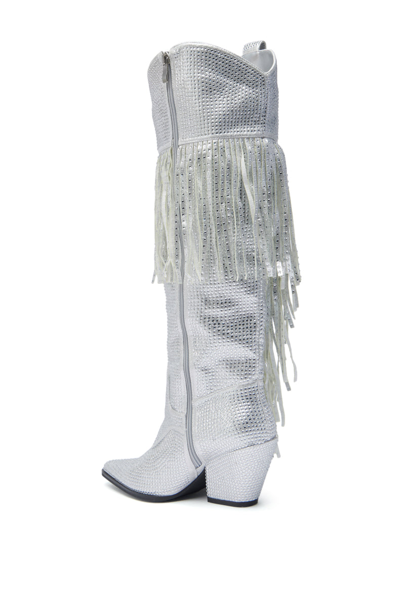 AZALEA WANG BENNETTO SILVER RHINESTONE WESTERN BOOT