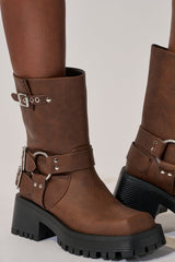 AZALEA WANG BUCKED BROWN CHUNKY HEEL COMBAT BOOTIE