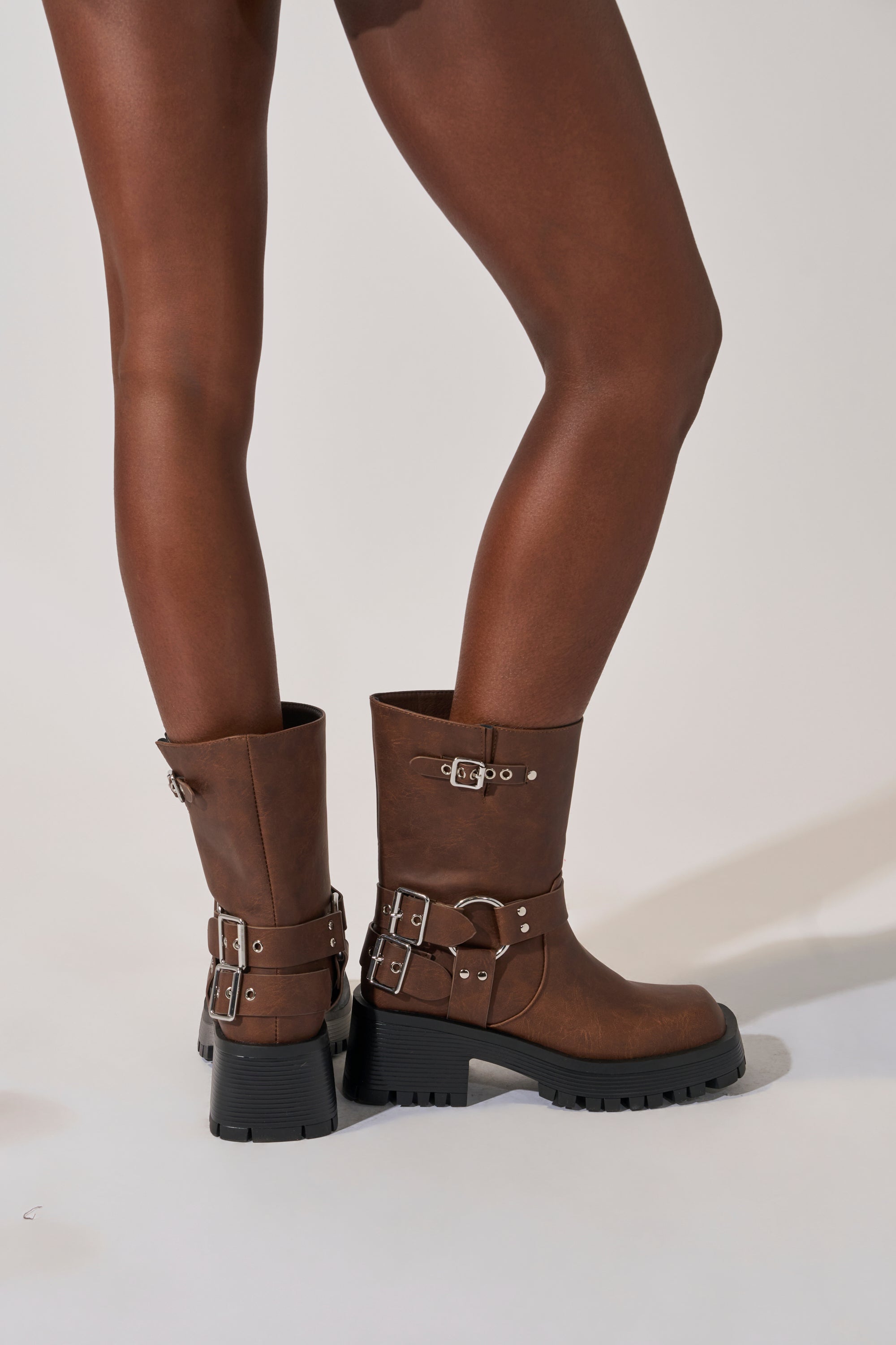 AZALEA WANG BUCKED BROWN CHUNKY HEEL COMBAT BOOTIE