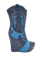 AZALEA WANG CALLIA DENIM WESTERN WEDGE BOOTIE