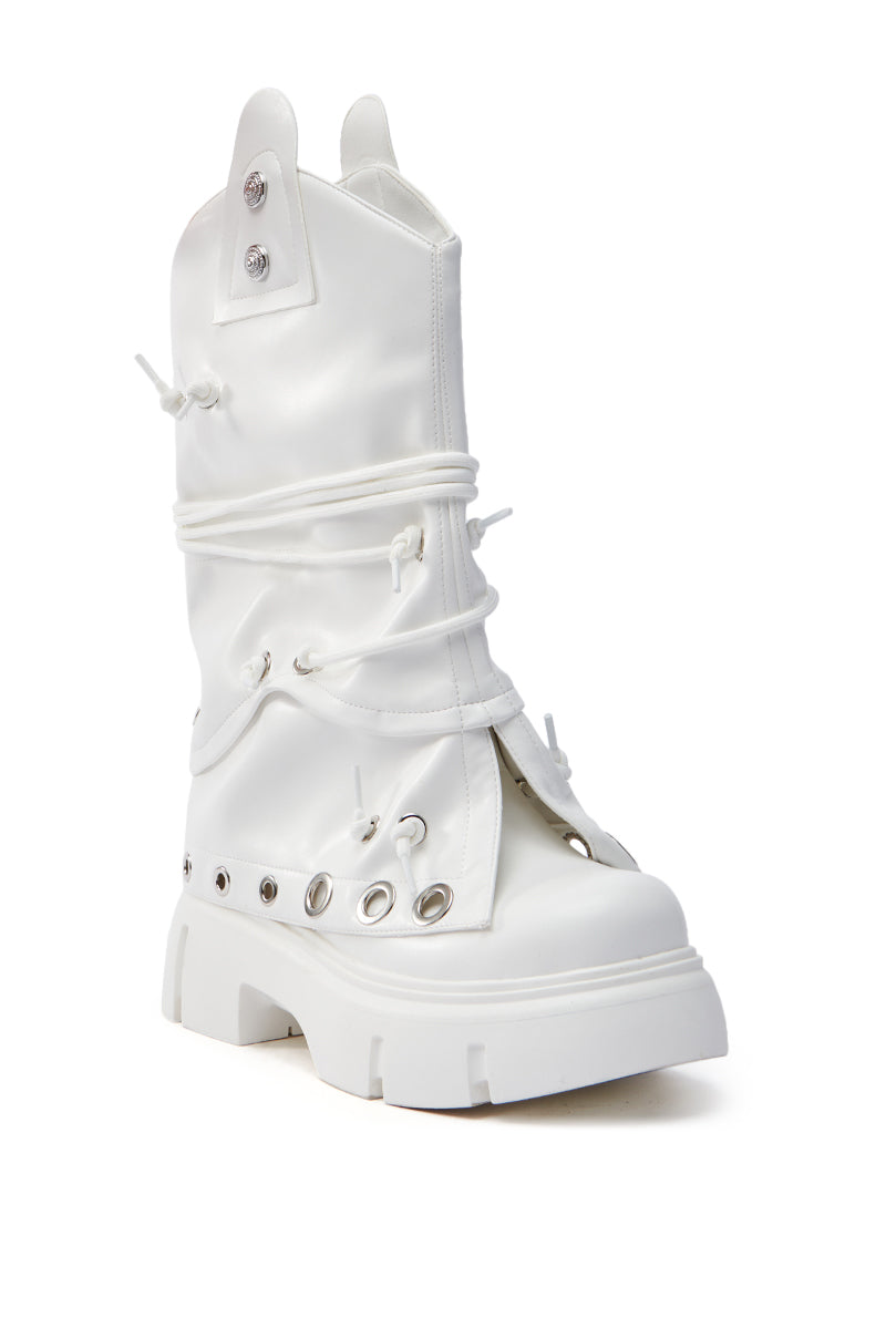 AZALEA WANG CAPIRE WHITE CINCHING COMBAT BOOTIE