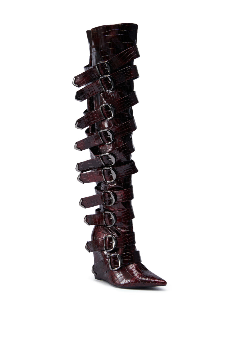AZALEA WANG CINZIA RED WEDGE BOOT WITH BUCKLE DETAIL