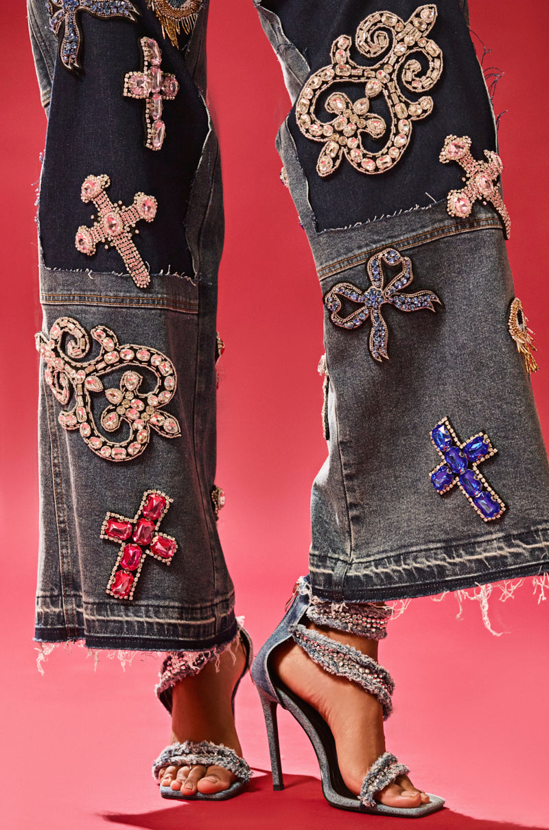 AZALEA WANG CONCETTA DENIM EMBELLISHED STILETO SANDAL