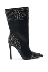 AZALEA WANG CRESSINDA BLACK GUNMETAL DOME STUD STILETTO BOOTIE