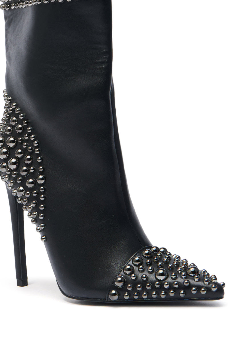 AZALEA WANG CRESSINDA BLACK GUNMETAL DOME STUD STILETTO BOOTIE