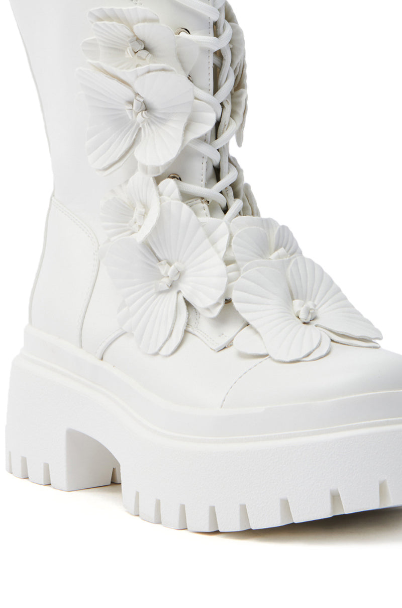 AZALEA WANG DEVOIR WHITE FLOWER EMBELLISHED COMBAT BOOTIE