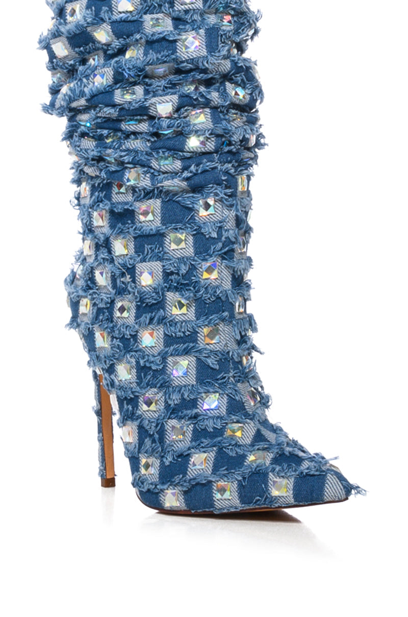 AZALEA WANG EVE DENIM KNEE HIGH EMBELLISHED BOOT