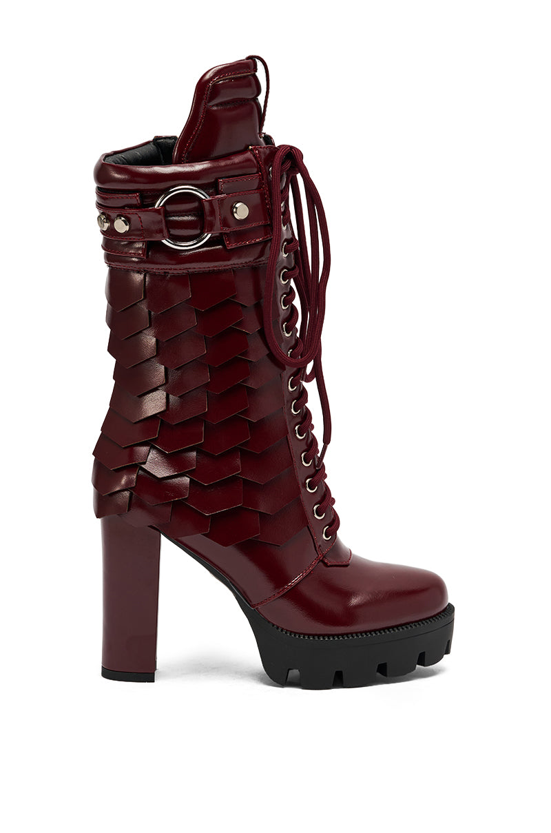 AZALEA WANG GERNOT BURGUNDY LACE UP SCALED PLATFORM BOOTIE