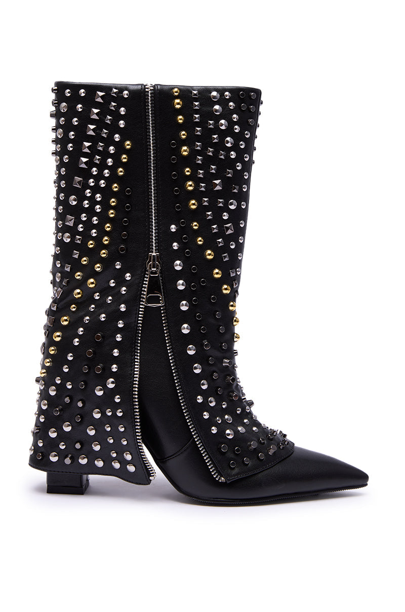 AZALEA WANG HENZI BLACK HARDWARE EMBELLISHED CHUNKY FOLD OVER BOOTIE