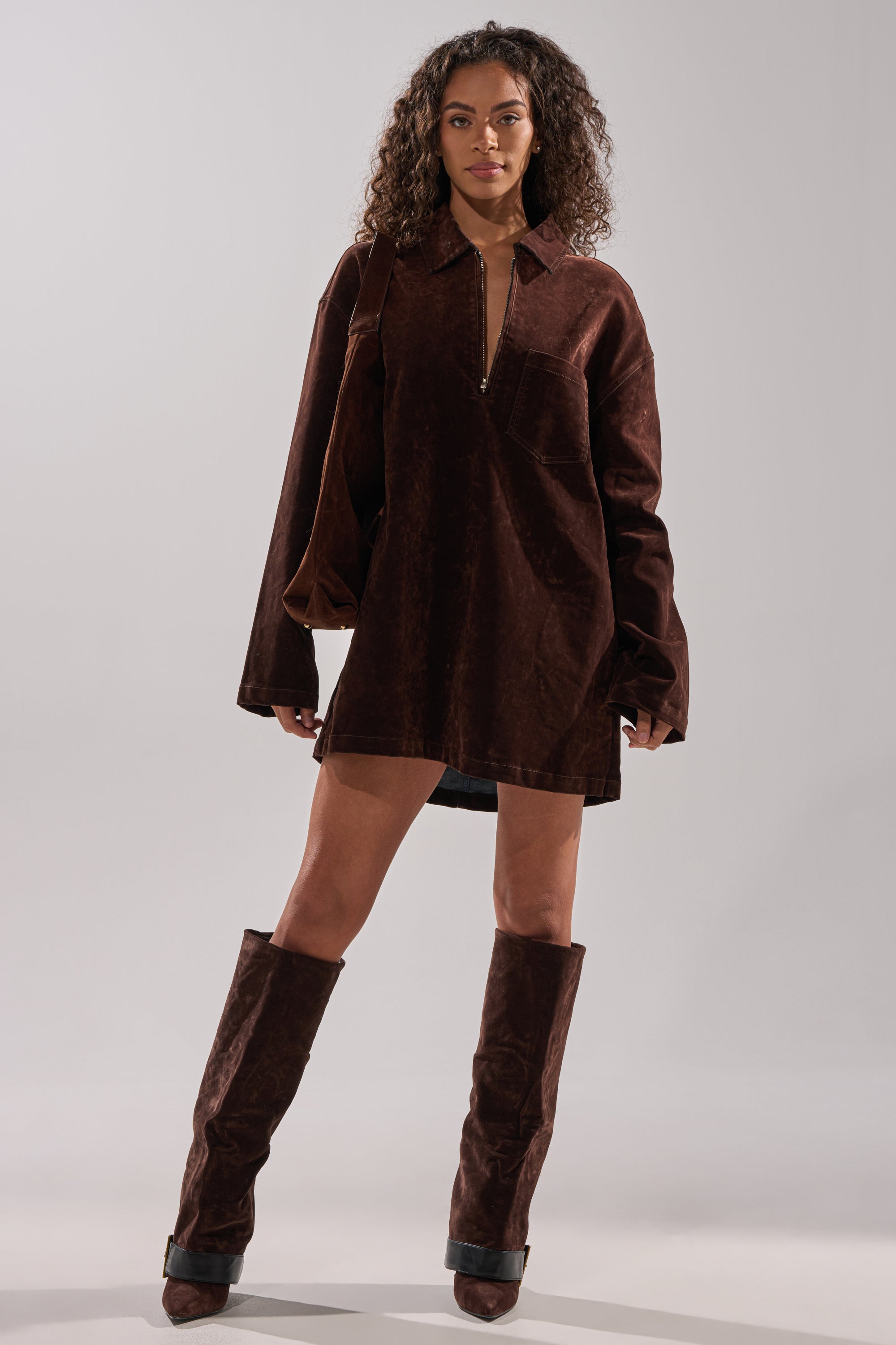 COOL GIRL OVERSIZED VELVET DENIM SHIRT DRESS