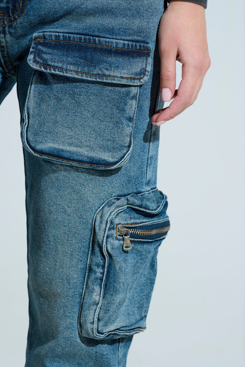 ALL OVER POCKET DETAIL RELAXED FIT JEANS IN MEDIUM BLUE DENIM