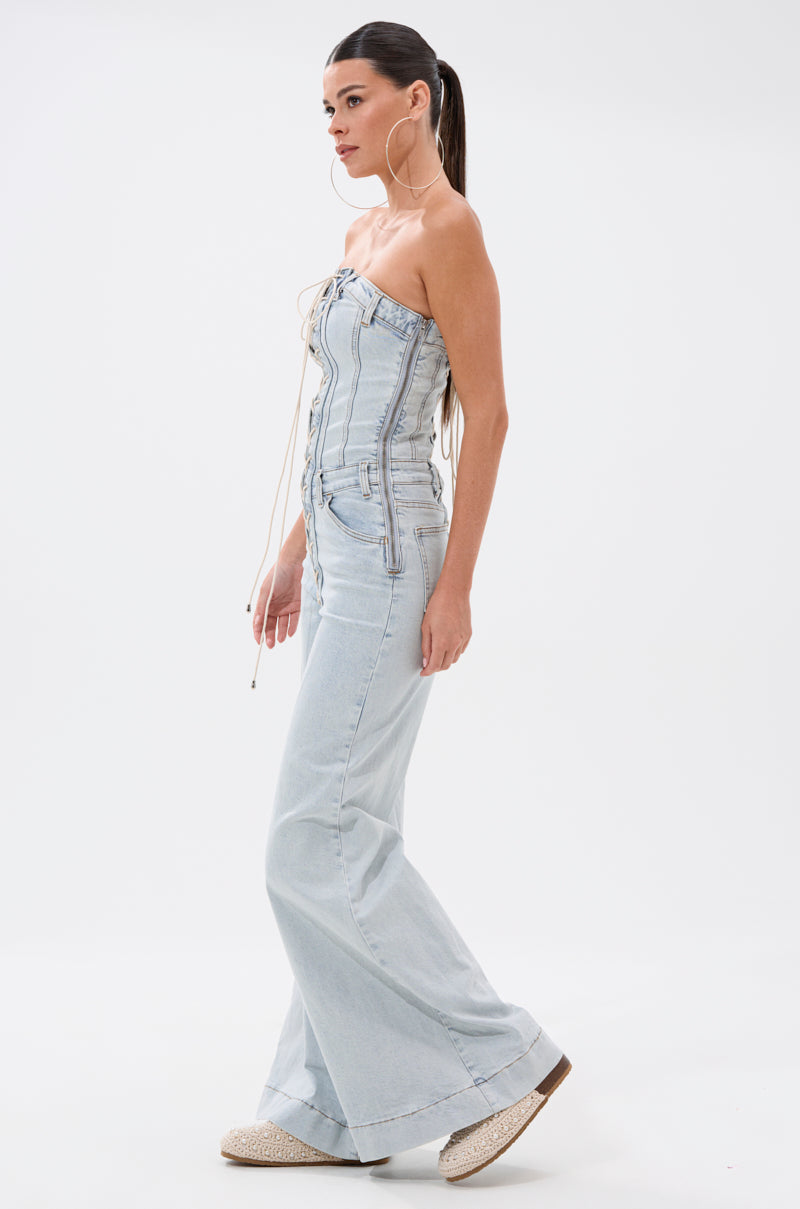 ALL IN THE DETAILS DENIM LACE UP JUMPSUIT