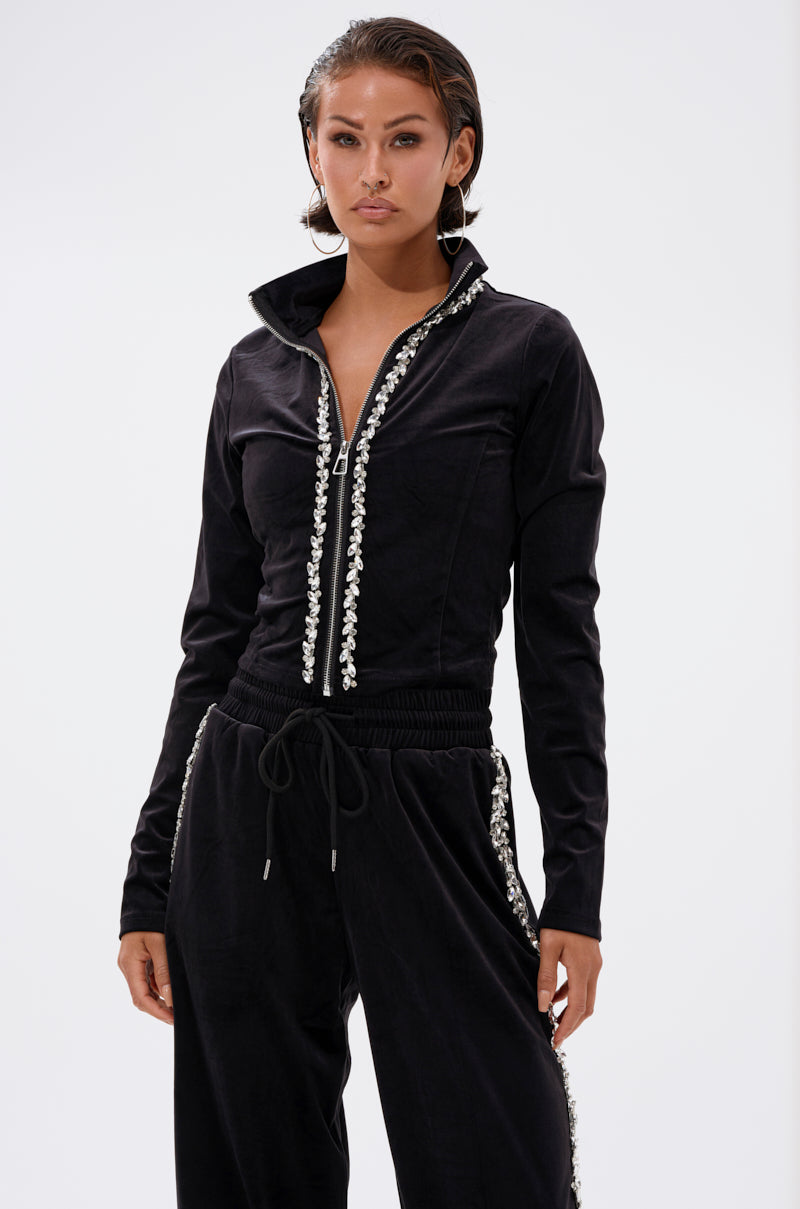 DARA RHINESTONE MOCK NECK ZIP-UP SWEATSHIRT