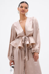 ELEGANT PEPLUM TIE FRONT BLOUSE