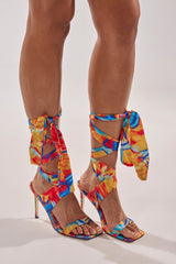 AZALEA WANG JOHA ORANGE MULTI PRINTED SATIN WRAP UP STILETTO
