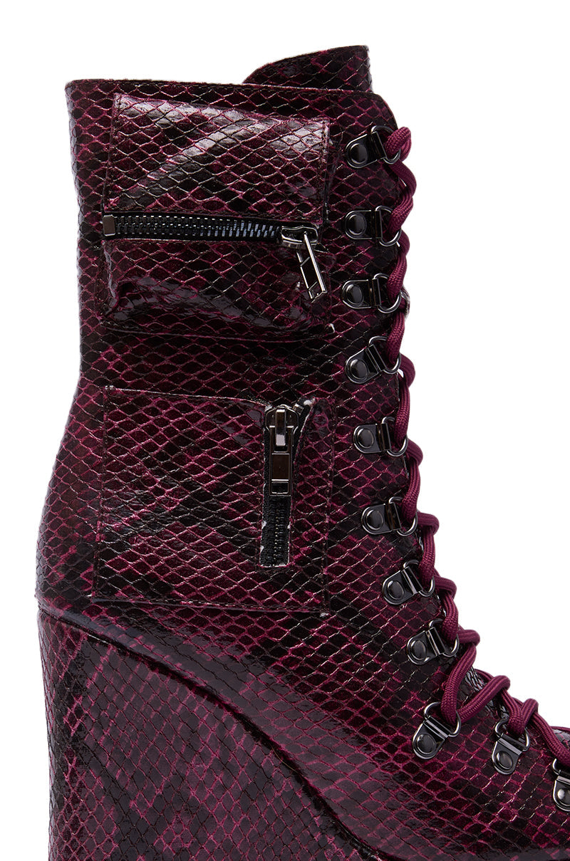 AZALEA WANG KAPULE BURGUNDY SNAKE PLATFORM BOOTIE