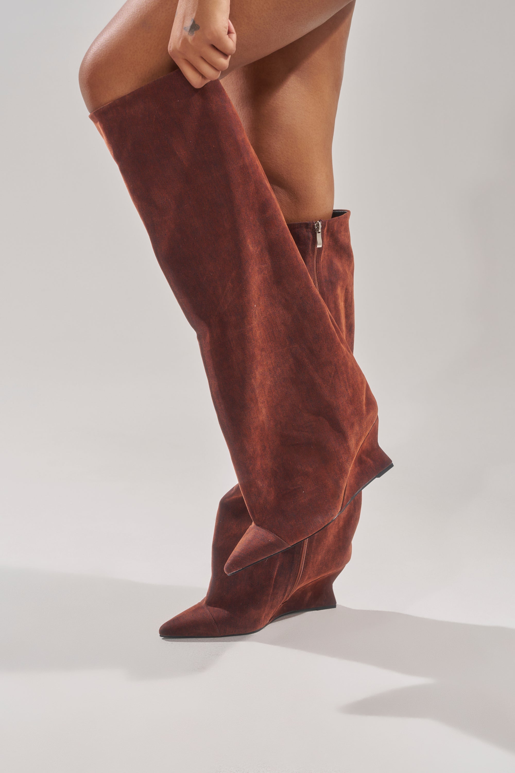 AZALEA WANG KENYA BURNT ORANGE VELVET KNEE HIGH WEDGE BOOT