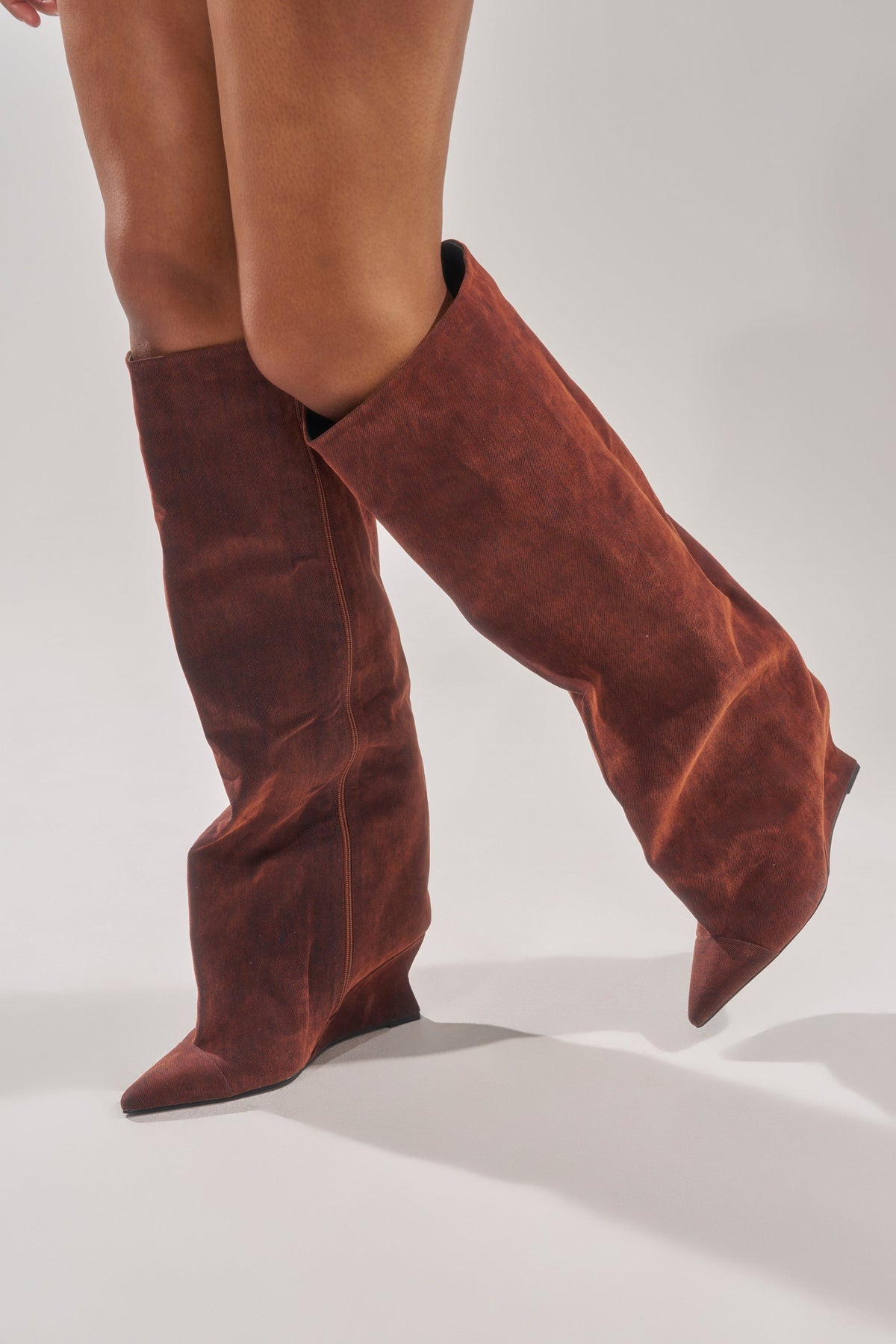 AZALEA WANG KENYA BURNT ORANGE VELVET KNEE HIGH WEDGE BOOT