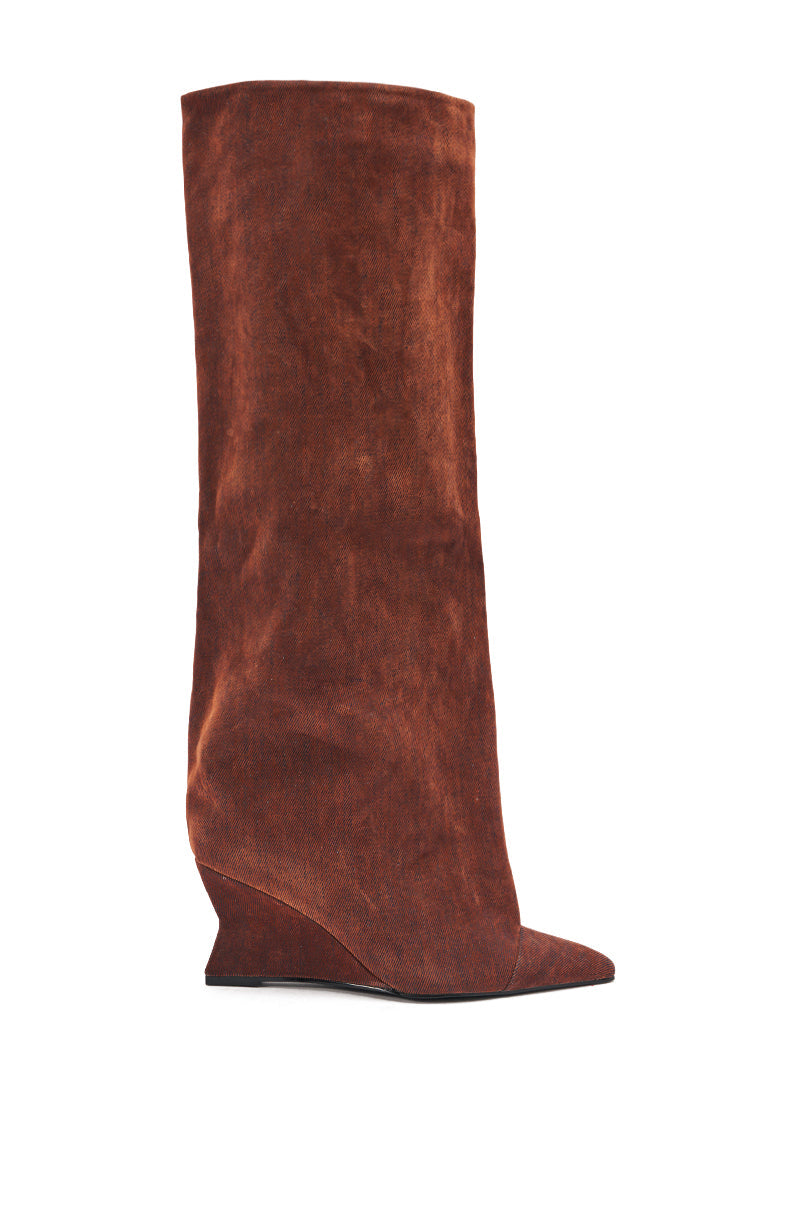 AZALEA WANG KENYA BURNT ORANGE VELVET KNEE HIGH WEDGE BOOT