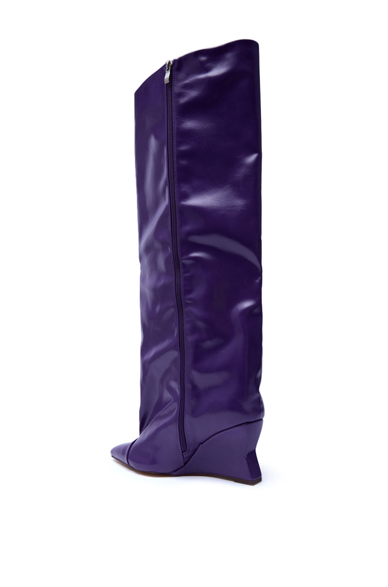 AZALEA WANG KENYA PURPLE KNEE HIGH WEDGE BOOT