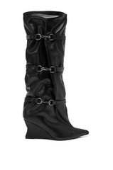 AZALEA WANG KULLERVO BLACK SILVER CLASP DETAIL WEDGE BOOT
