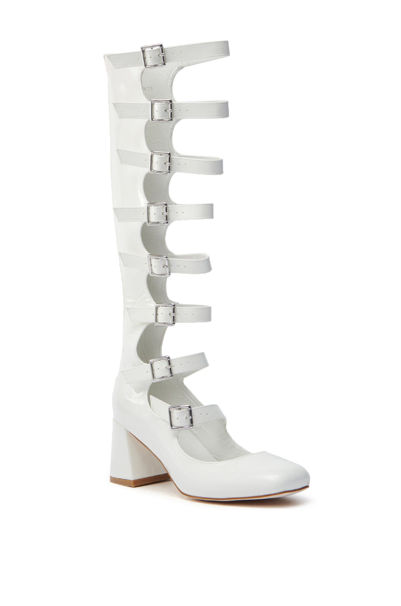 AZALEA WANG LAIMA WHITE PATENT CHUNKY BUCKLE BOOT