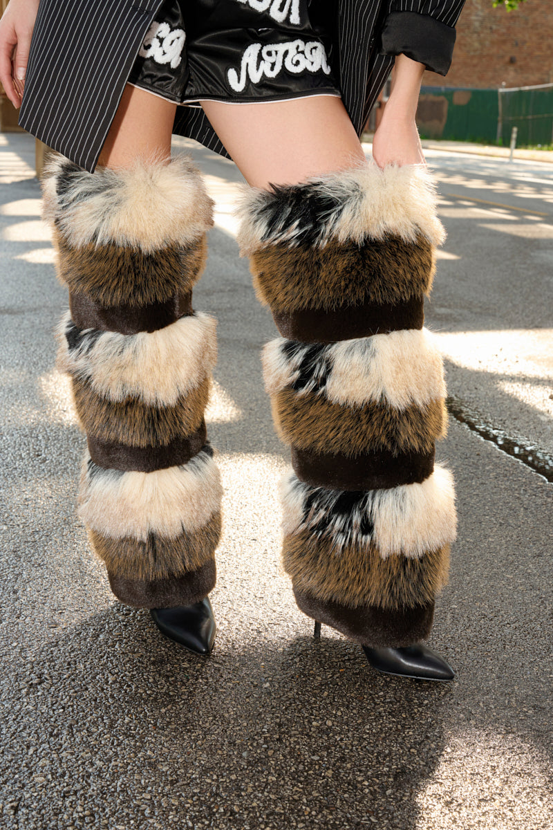 AZALEA WANG LANGLAU BROWN MULTI STILETTO FUR BOOT