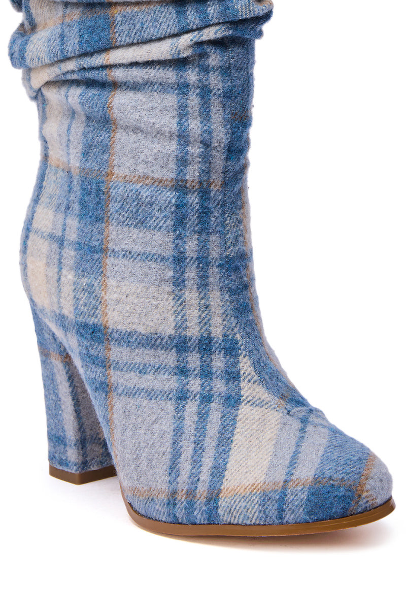 AZALEA WANG MATHAIS BLUE MULTI PLAID ROUND TOE BOOTIE