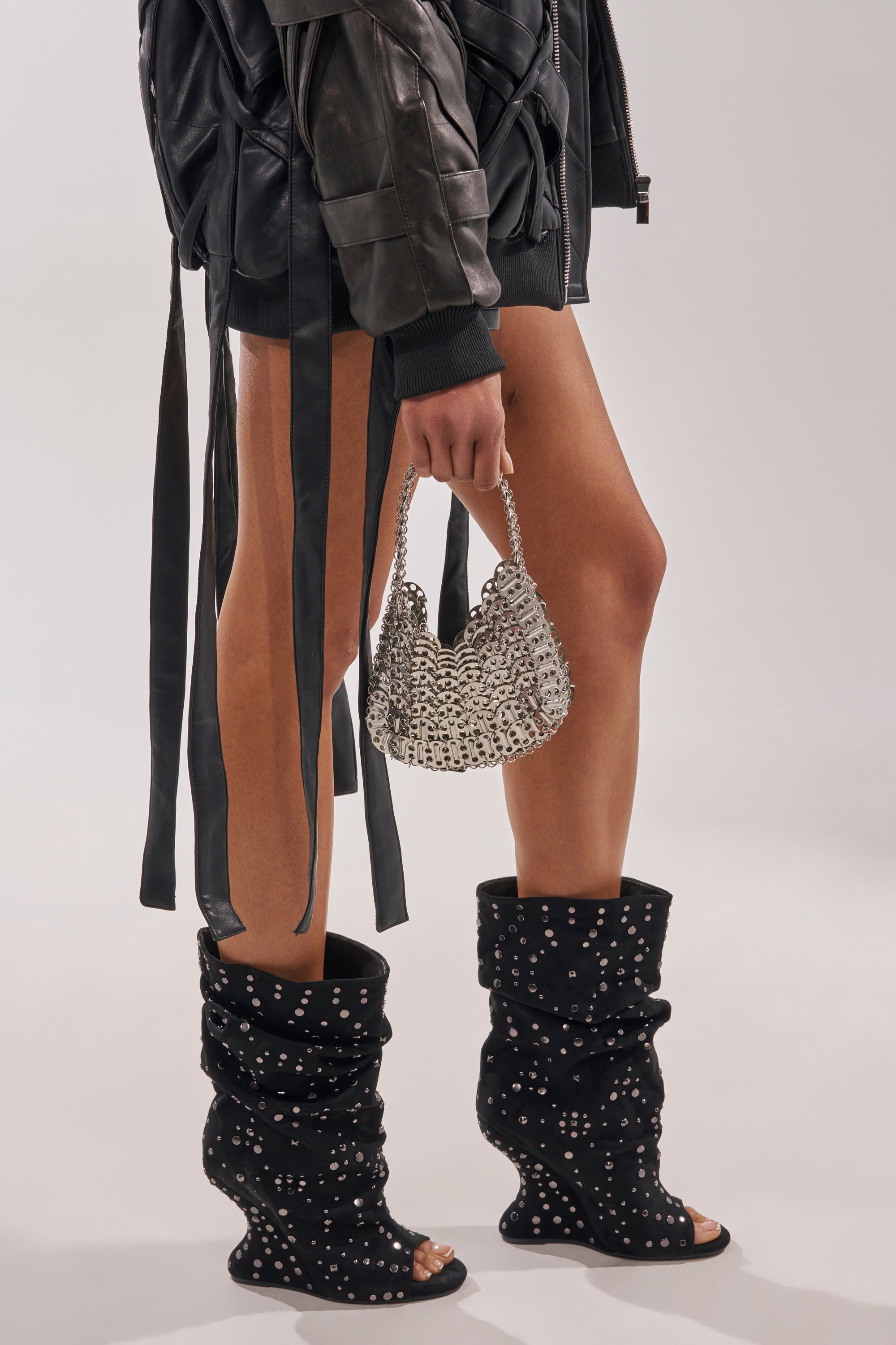AZALEA WANG NAOMANI FAUX SUEDE BLACK STUDDED OPEN TOE BOOTIE