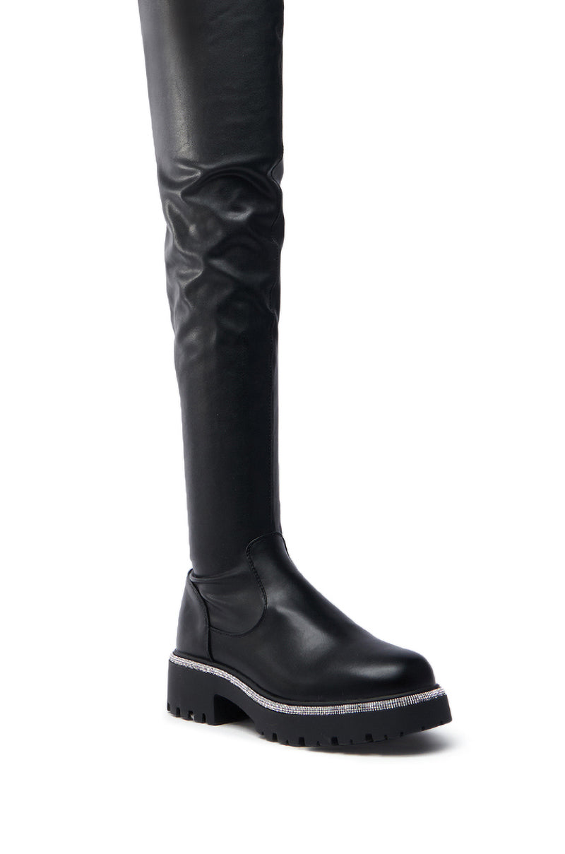 AZALEA WANG NEWRULES RHINESTONE STRETCH PU FLAT BOOT