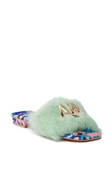 AZALEA WANG RAFAELA GREEN SLIP ON FURRY SANDAL