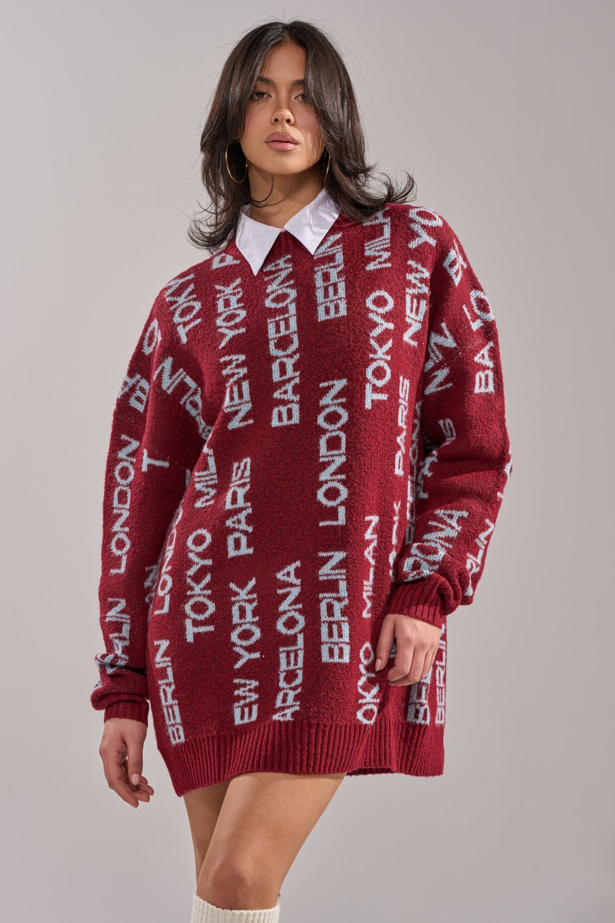 AROUND THE WORLD SWEATER MINI DRESS IN RED