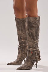AZALEA WANG RONDEL BROWN MULTI DISTRESSED STILETTO BOOT
