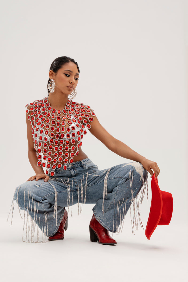 BEJEWELED RUBY SLEEVELESS TOP